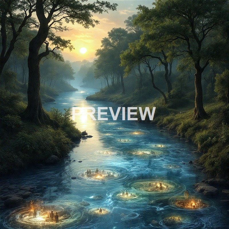 The image depicts a serene river flowing through a lush forest with tall trees on either side, illuminated by the warm glow of a setting or rising sun, and several small, glowing creatures or objects floating on the water's surface.